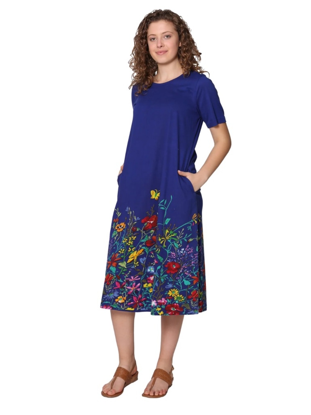 La Cera 100% Cotton Blue Floral Midi Dress with Short Sleeves Med